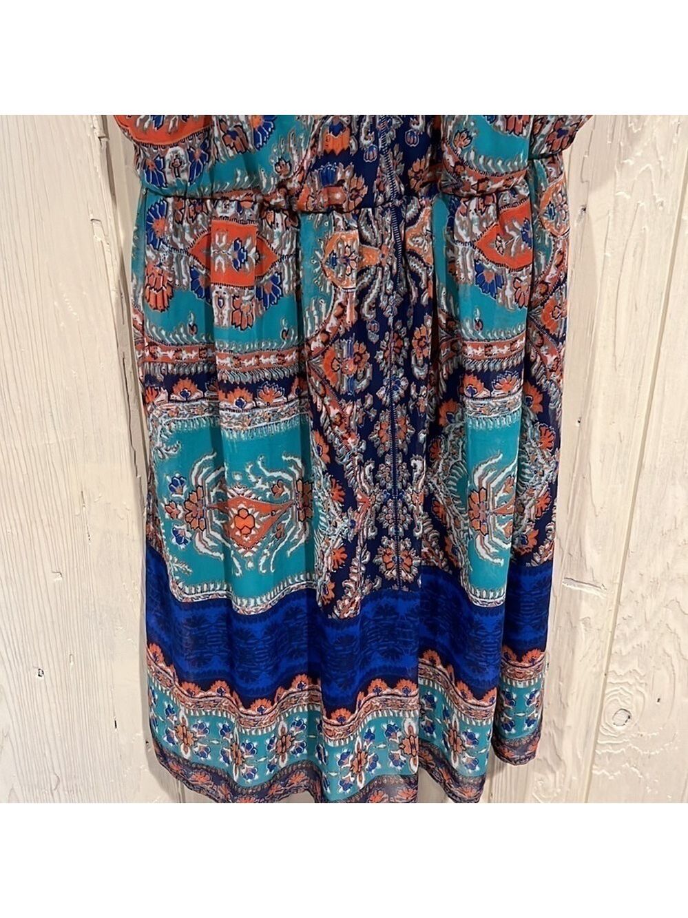 Auw Short Sleeve Key Hole Front Elastic Waist Boho print Dress size medium - Picture 4 of 12